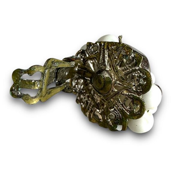 Vintage Classy Gold Toned White and Gold Beaded Cluster Clip On Earrings Marked - Picture 5 of 6